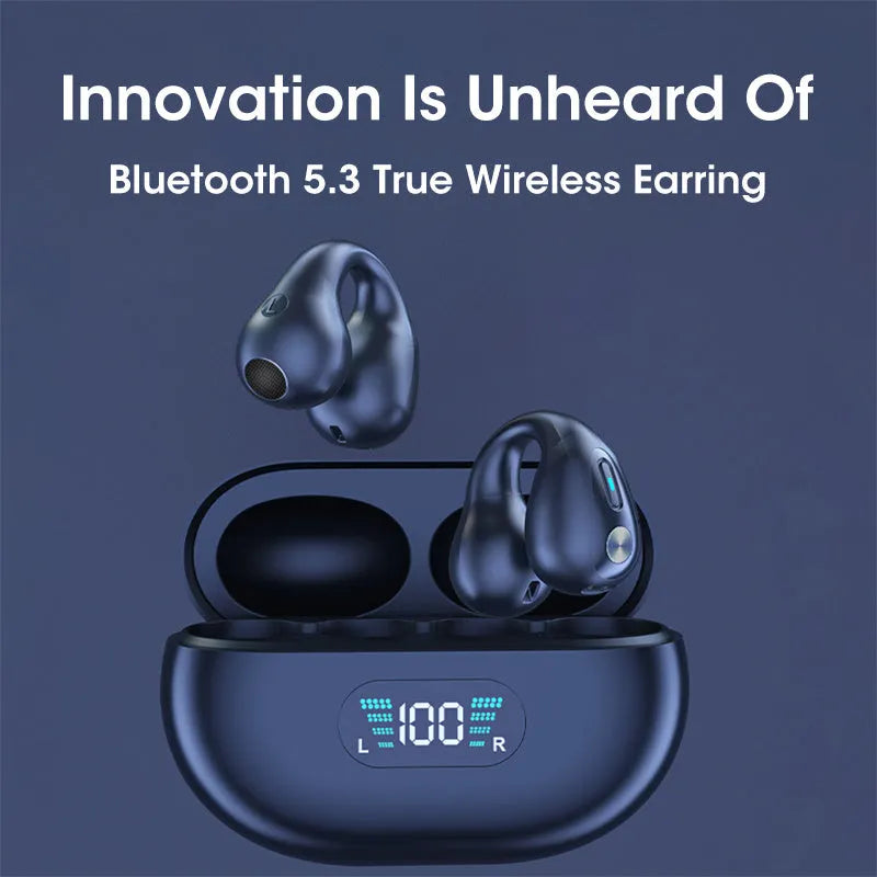 Bone conduction Bluetooth headset with ear clip design shown in black, white, and khaki colour options.
