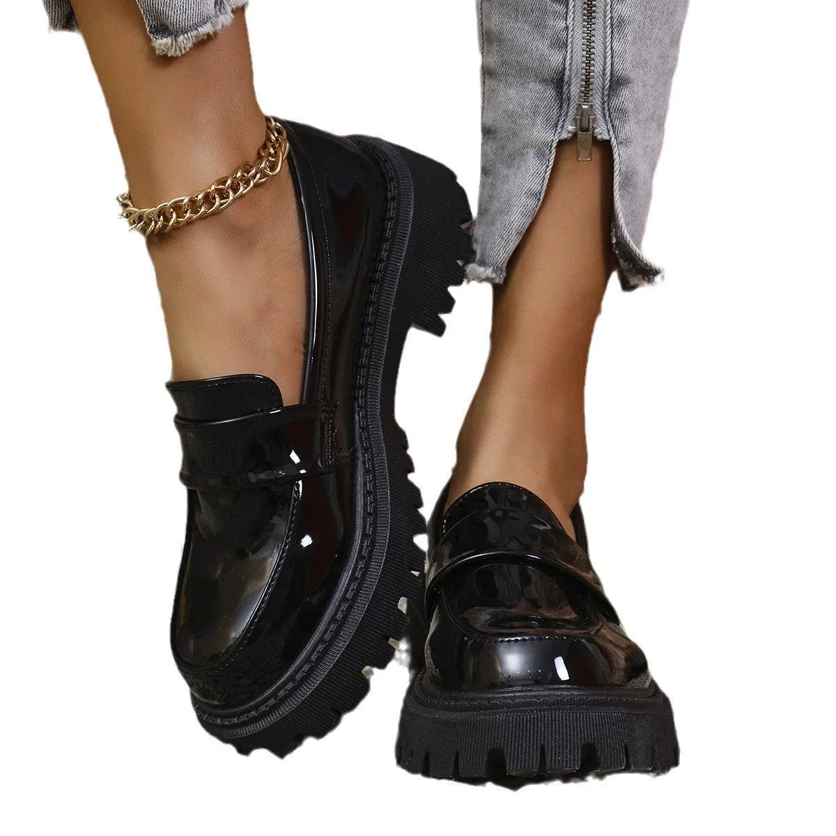 Women's chunky heel slip-on loafers in black, wine red, and green colours showing platform sole