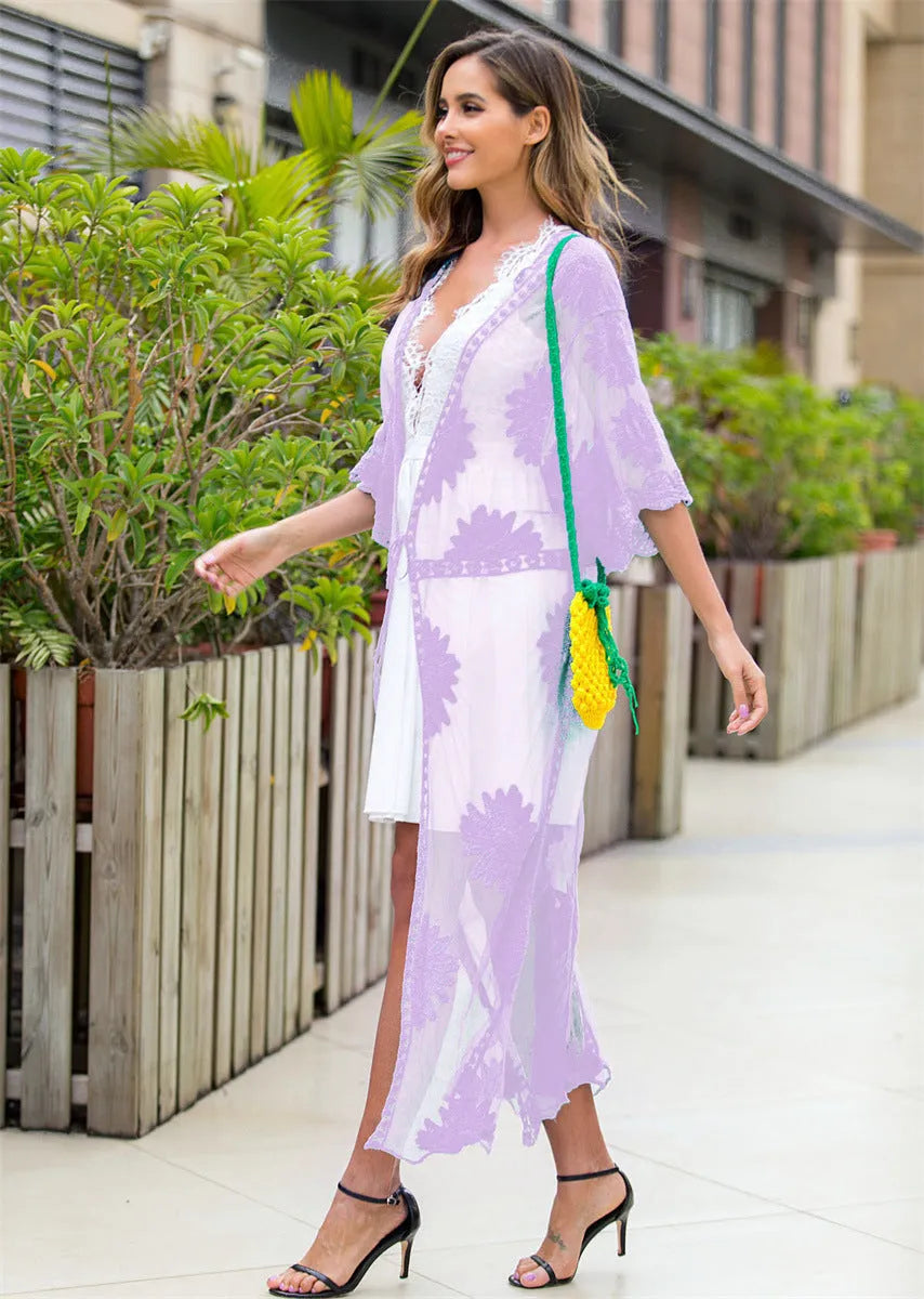 Light purple lace embroidery beach cover-up dress with cotton lining for swimming