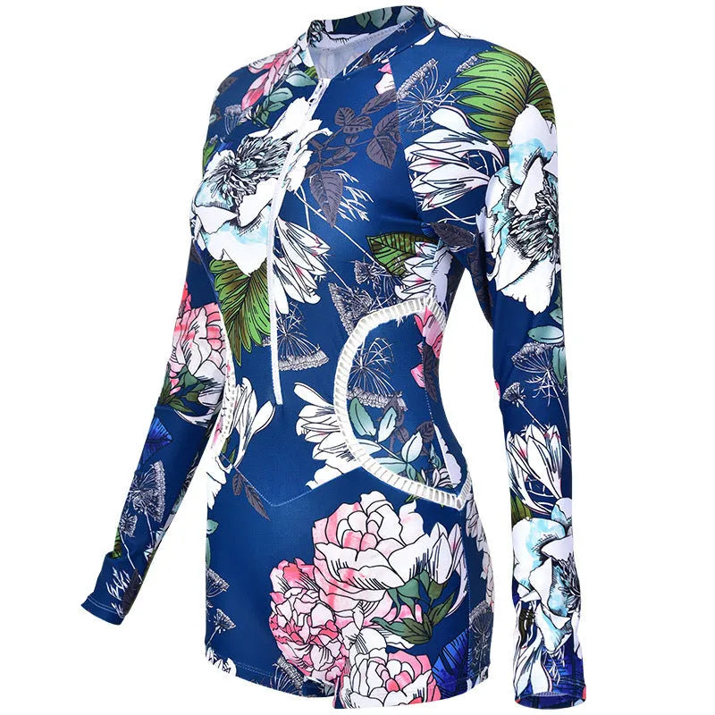 One-piece diving suit boxer swimsuit in nylon with yellow flowers printed pattern on a white background