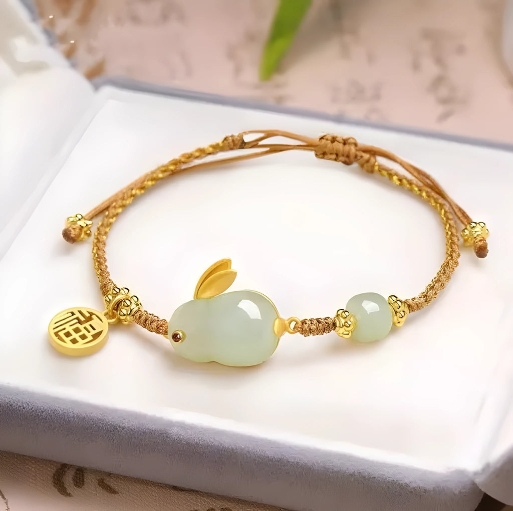 Natural Hetian jade rabbit bracelet with yellow string cord for women