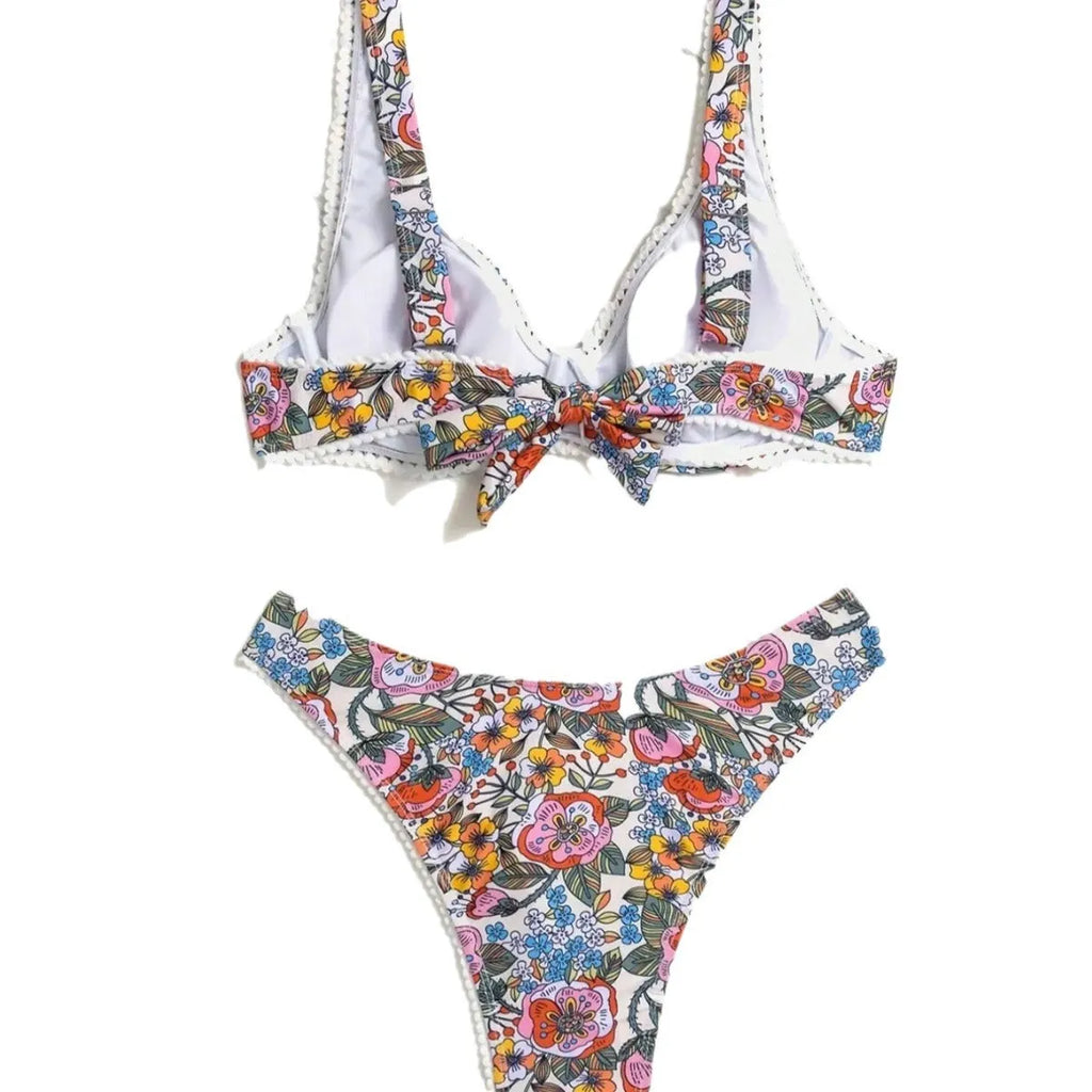Women's printed steel bracket push-up bikini with tie-side high-waist briefs in European and American style