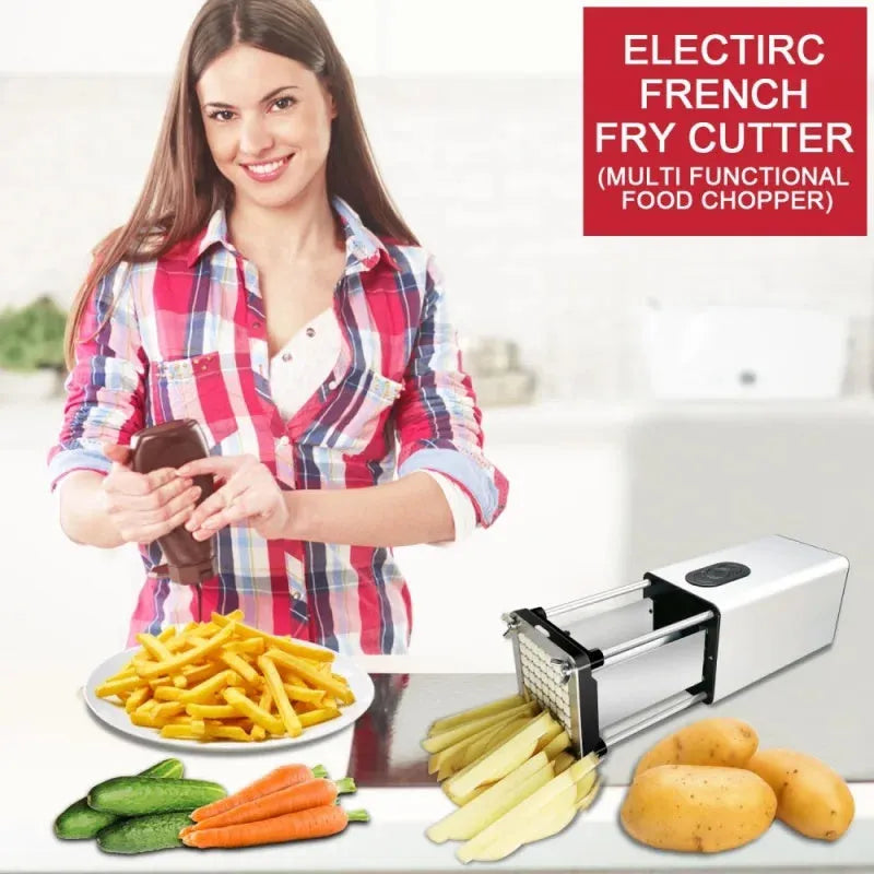 Electric french fry cutter machine black ABS body with stainless steel blades and top control buttons