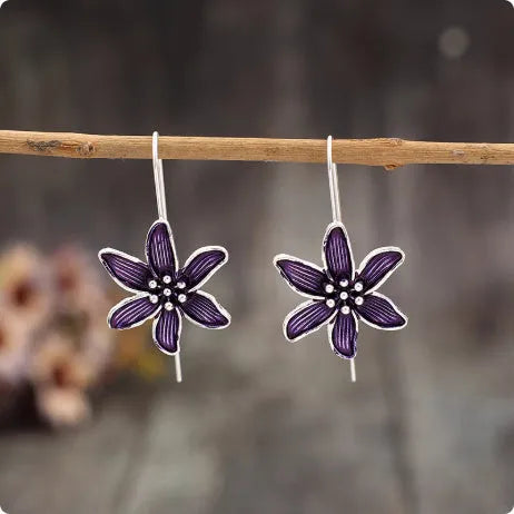 Purple flower-shaped alloy earrings with electroplated finish measuring 3cm in length