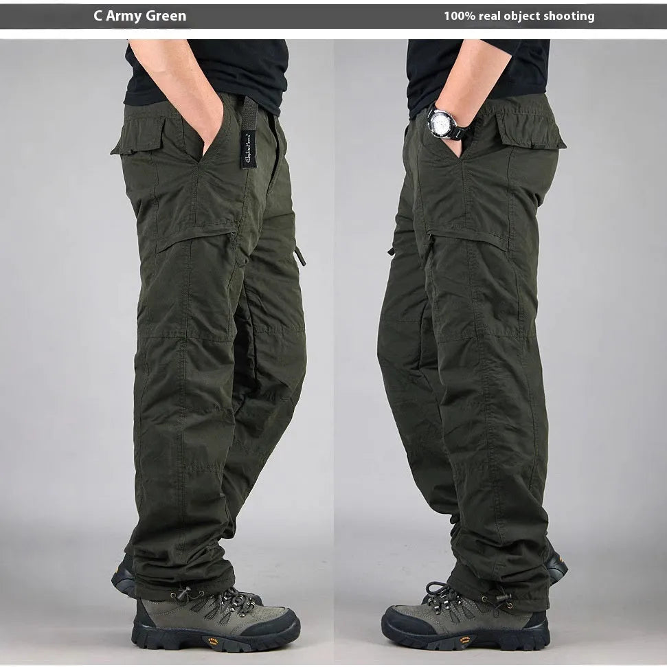 Men's thick khaki-coloured cotton overalls with a wool lining, shown with a loose straight-leg fit.