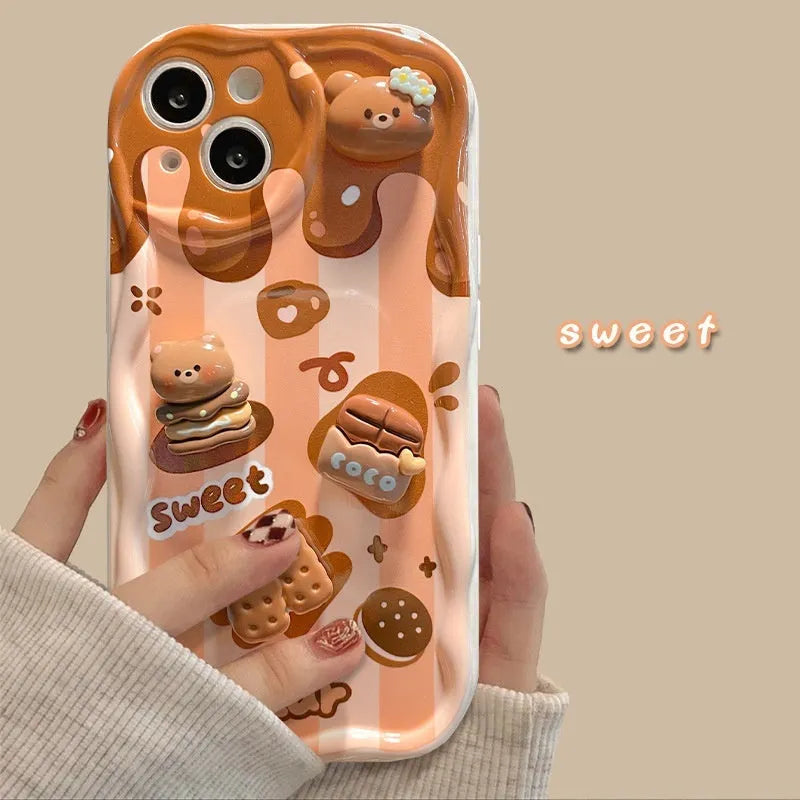 Cream pattern silicone phone case with chocolate bear doll lanyard for iPhone 15 Pro