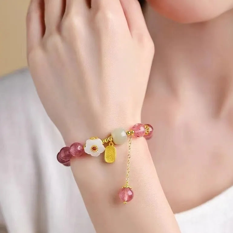 Handmade Hetian jade and strawberry quartz crystal bracelet with five style options for women