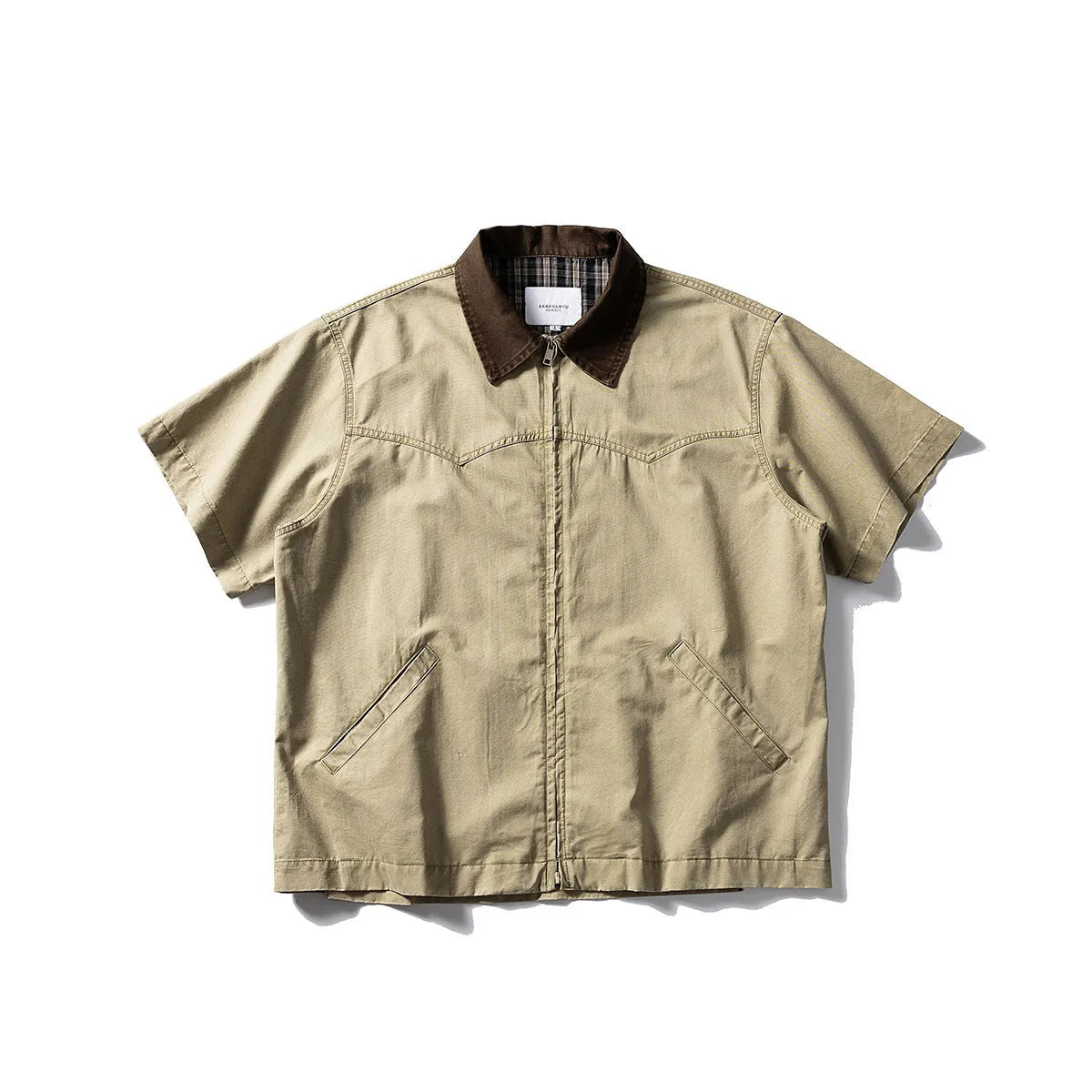 Washed cotton short-sleeve overalls shirt in loose cardigan style for teenage leisure wear