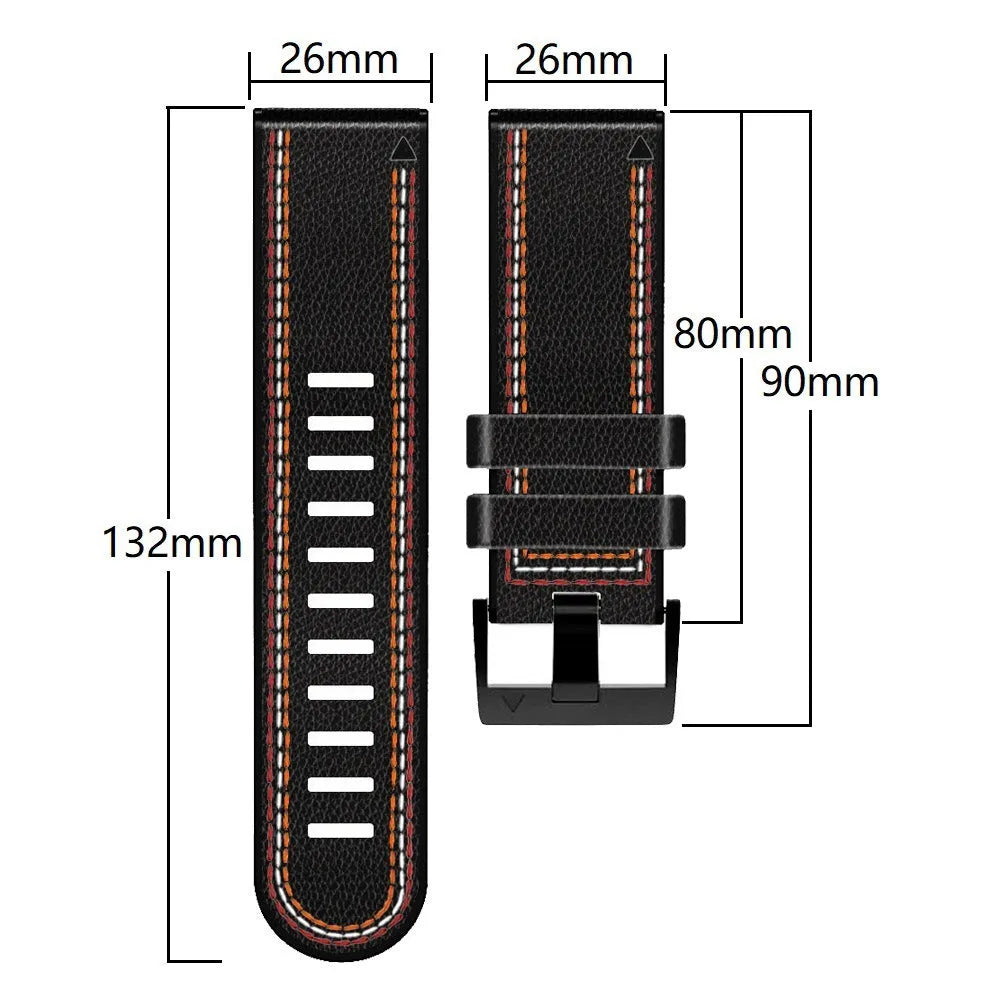 Silicone leather quick release watchband for Garmin Fenix smartwatch in black, shown alongside brown and white colour options.