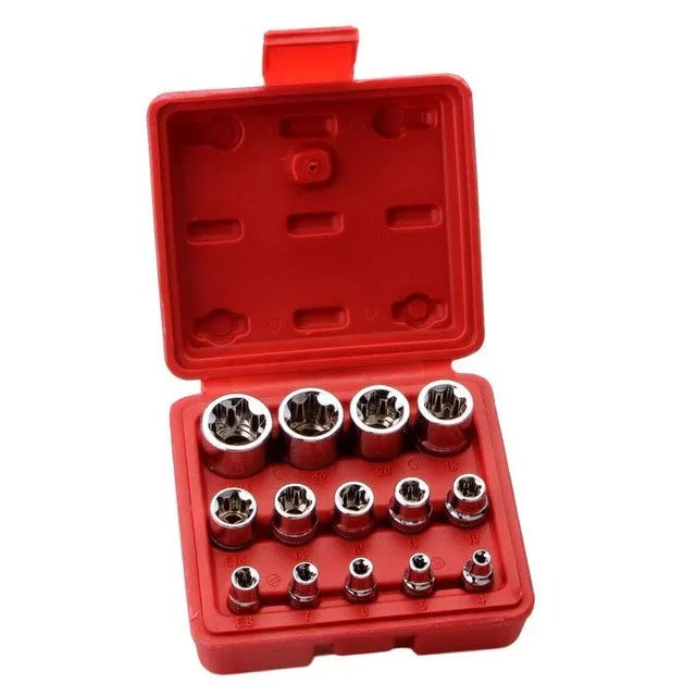 14-piece E-type socket set in red box, chrome vanadium steel, for auto repair and mechanical repair