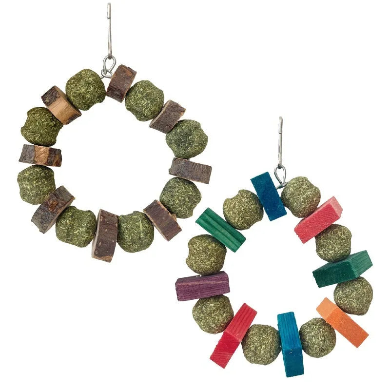 Hamster chew toy with decorative straw ball ring and Applewood gnawing rod for small pets