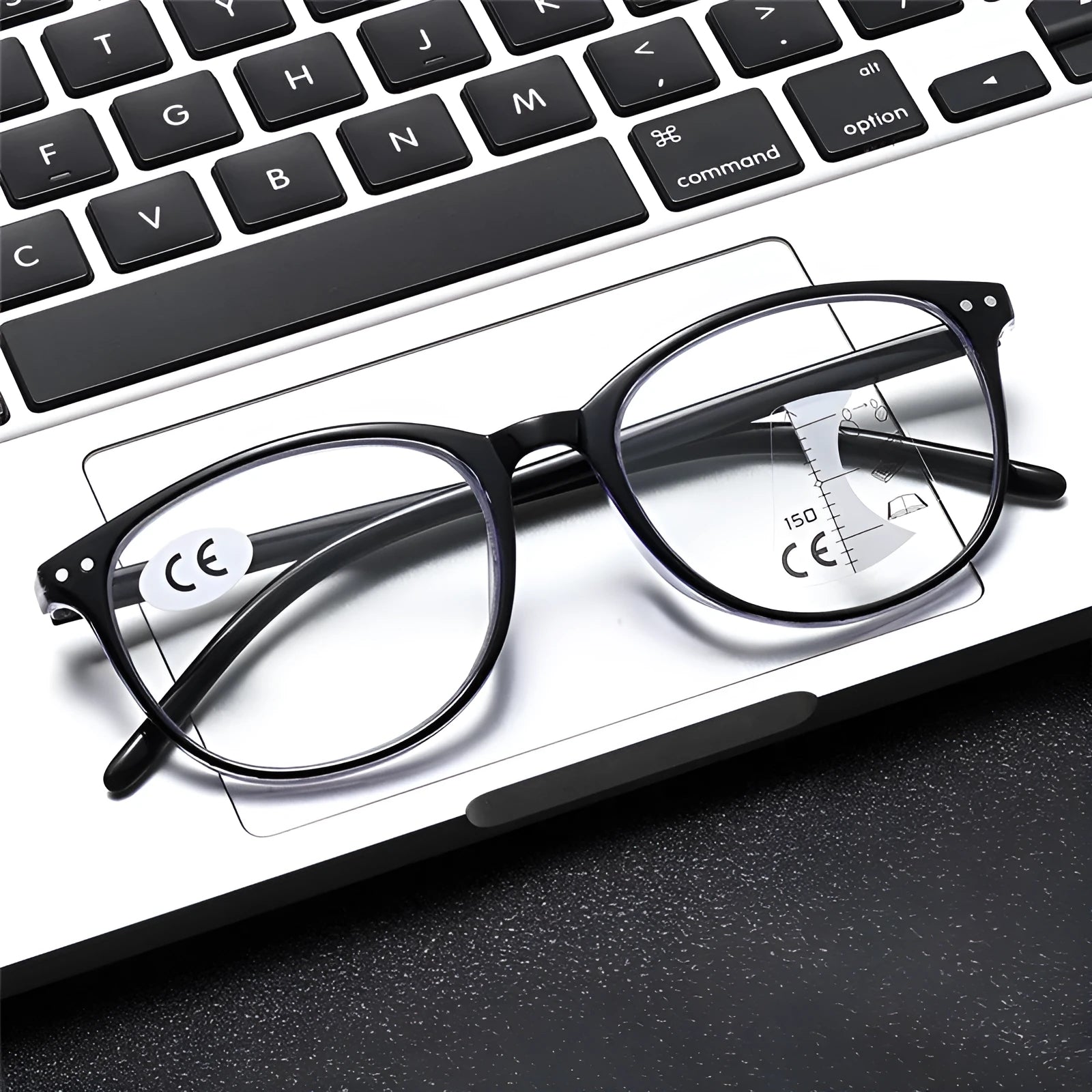Women's multi-focus presbyopic glasses with ultra-light frame in various colour options on a table.