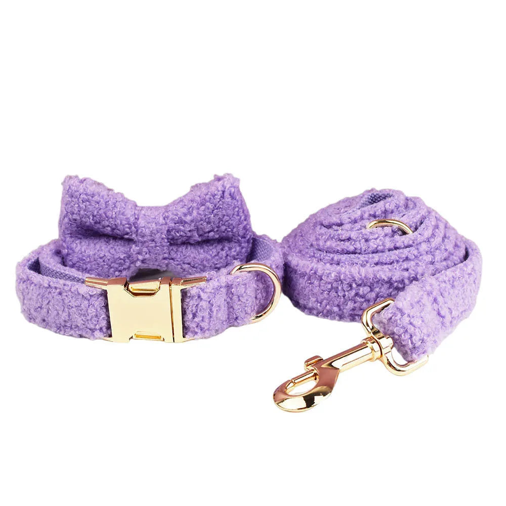 Purple cloth dog collar leash bow and vest set for small dogs in multiple sizes