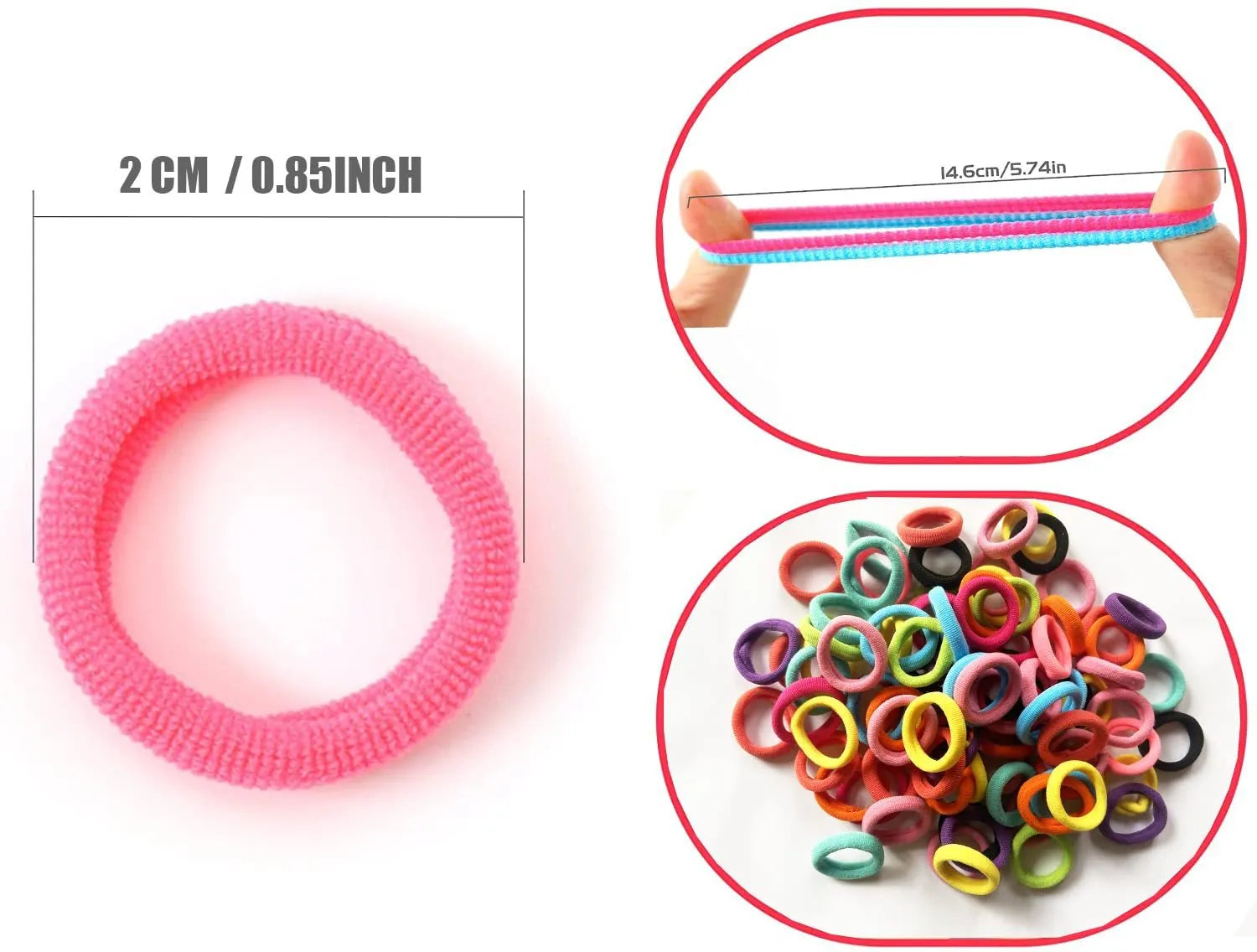 100 seamless cotton baby hair ties in 10 assorted colours stored in a small jar
