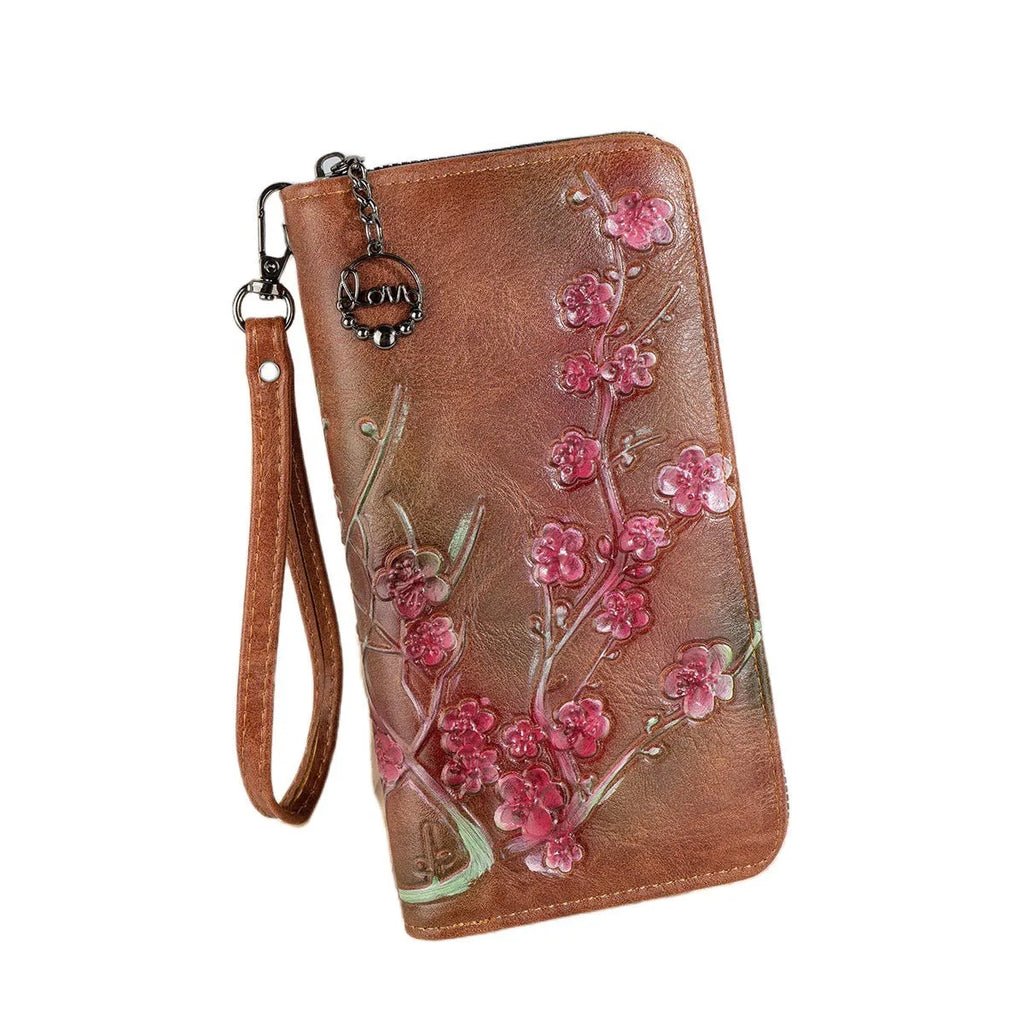 Chinese style floral embossed PU leather zipper handbag in black, brown, and coffee colours.