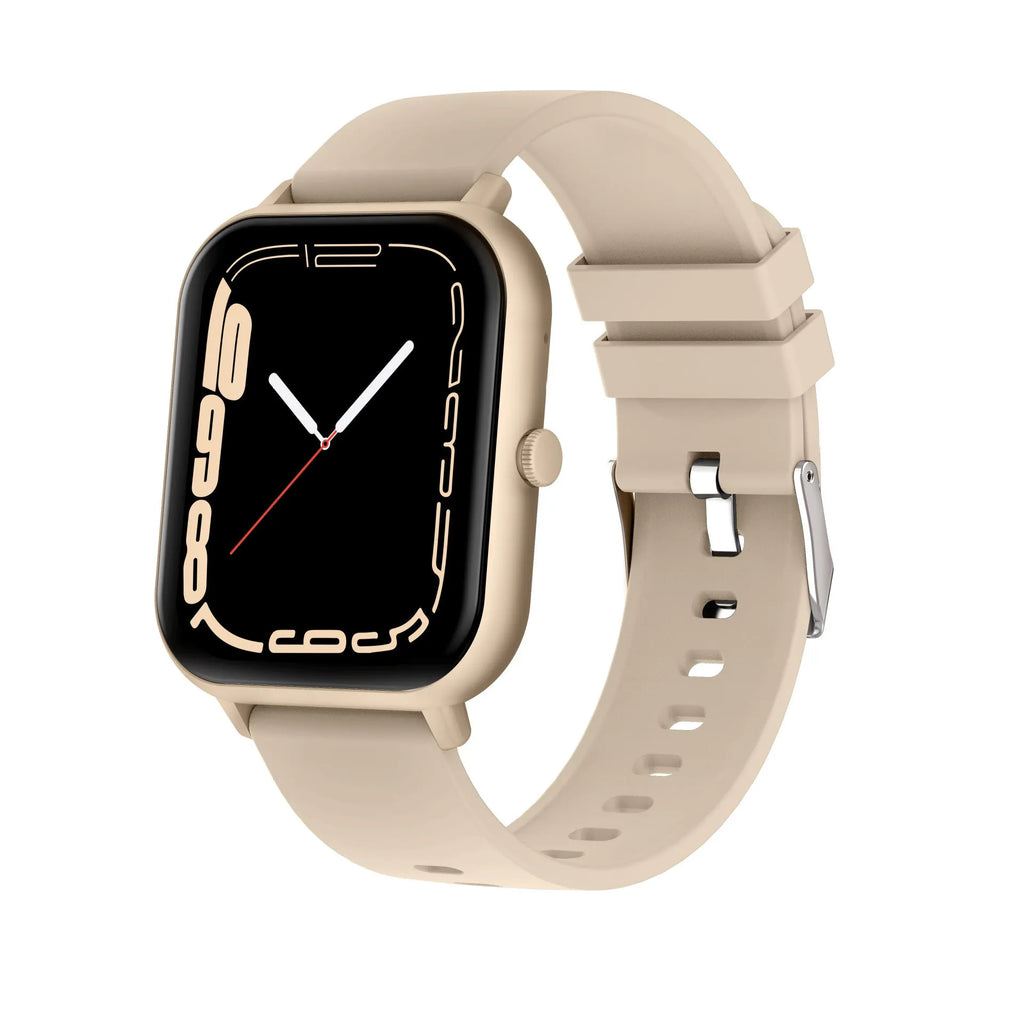 Bluetooth smart watch in black with AI voice, heart rate monitor, and TFT touch screen on wrist.