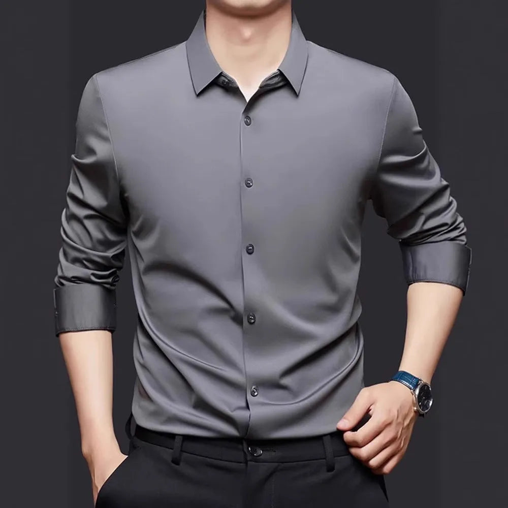 Seamless high elastic long sleeve anti-wrinkle shirt cardigan in white with four-sided stretch fabric