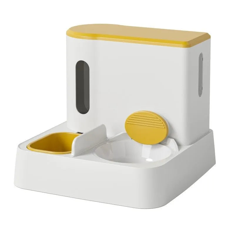 Grey automatic cat feeder with integrated water dispenser and stainless steel bowls