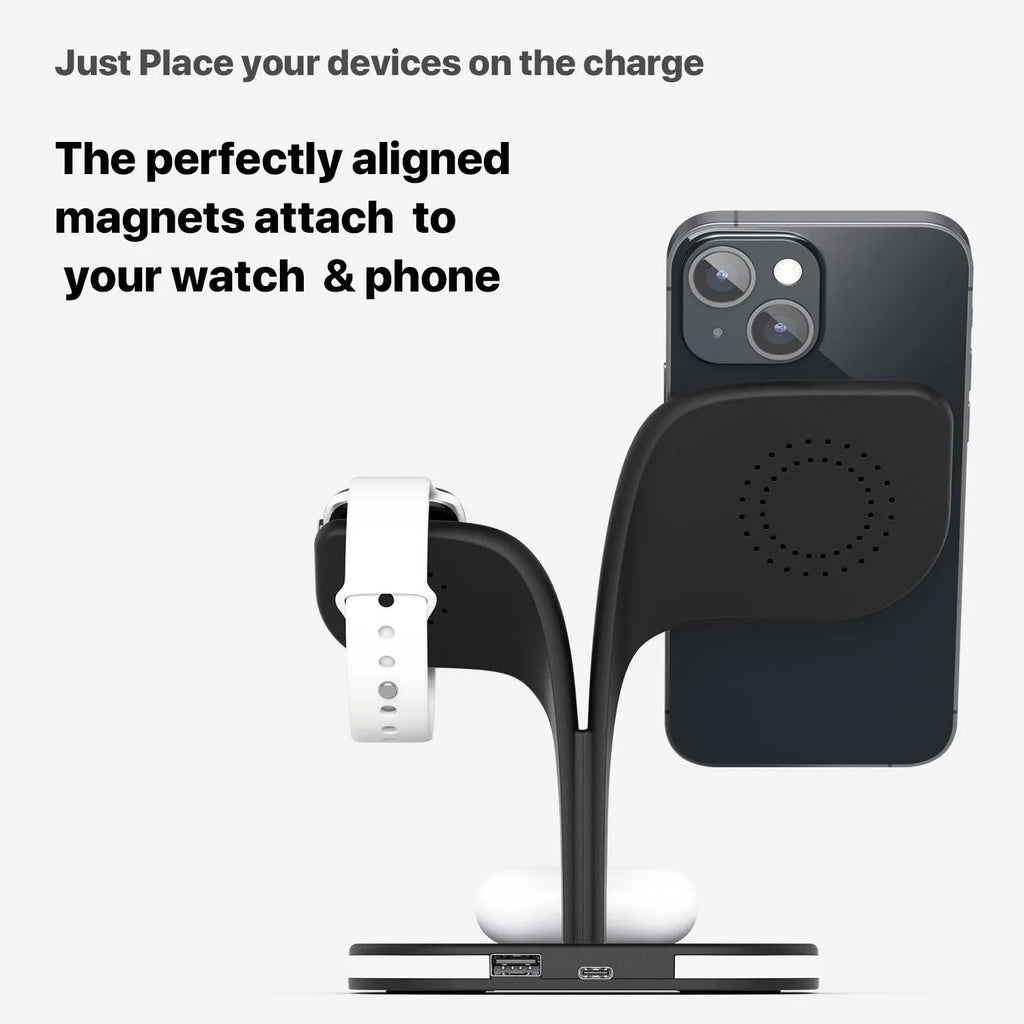Black desktop wireless charging stand holding a mobile phone, a smartwatch, and wireless headphones.
