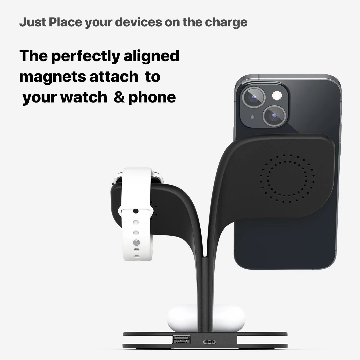 Black desktop wireless charging stand holding a mobile phone, a smartwatch, and wireless headphones.