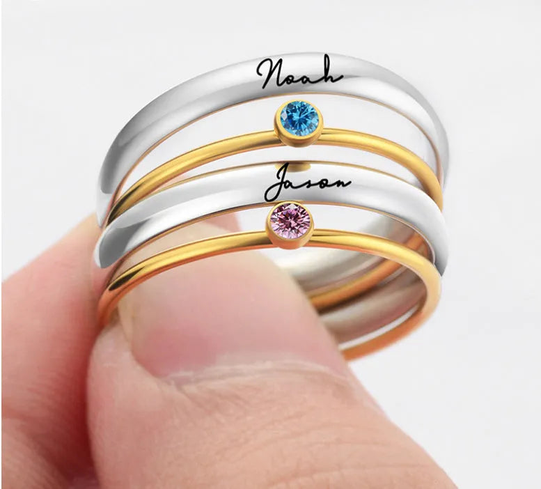 Gold-plated titanium steel ring with geometric engraved design and December birthstone colour accent
