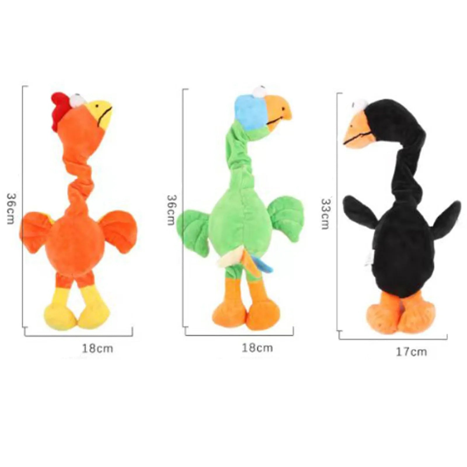 Screaming chicken sound dog toy in black, green, or orange with bite-resistant latex rubber construction