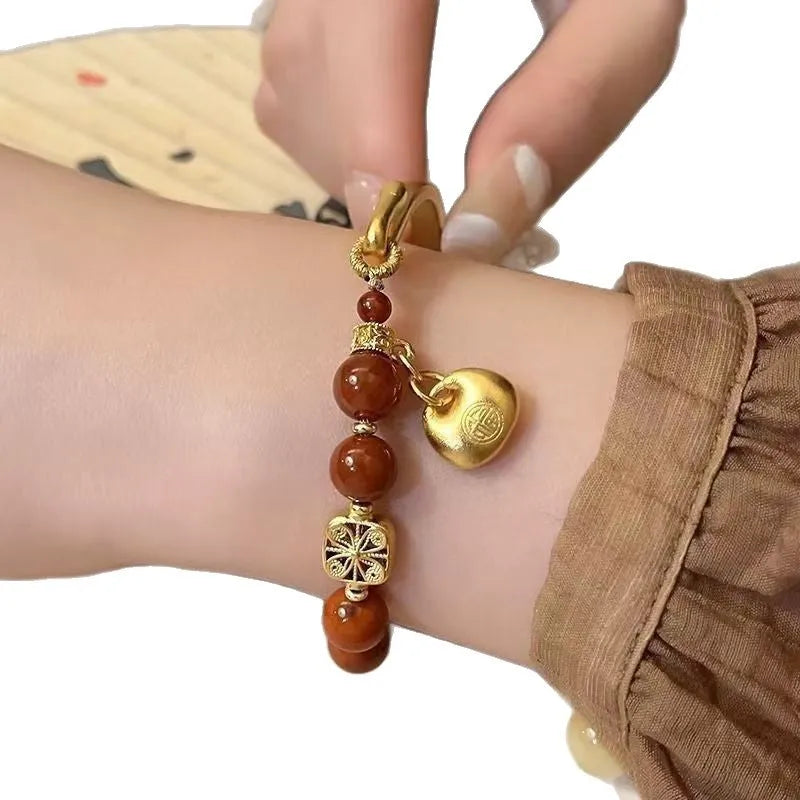 Southern Red Agate Character Ingot Bracelet women's antique style golden South red lucky bag half bracelet handmade glass coloured glaze