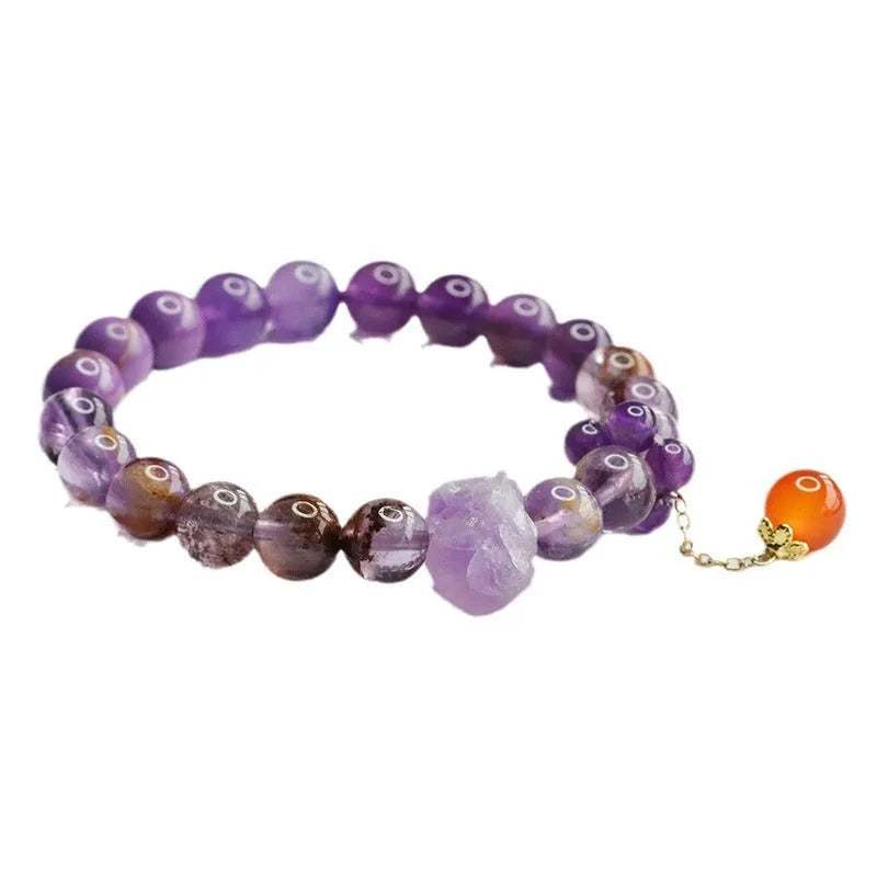 Natural nine purple fire duobao crystal and red agate bracelet in Mori style, bead diameter 7-8mm.