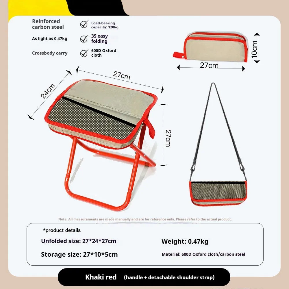 Outdoor foldable camp stool in Oxford cloth showing compact folded design