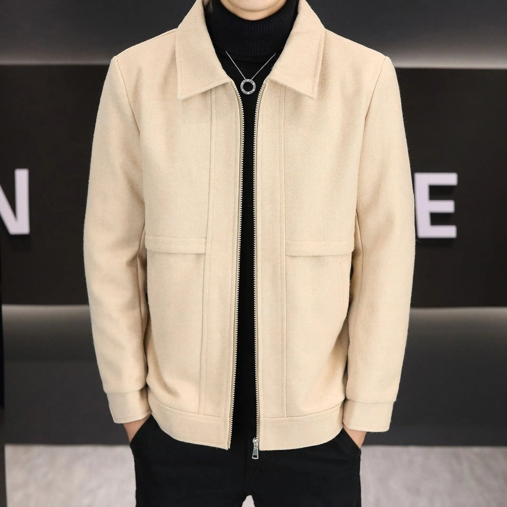 East Season khaki casual jacket with a polo collar and side seam pockets on a model.