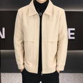 East Season khaki casual jacket with a polo collar and side seam pockets on a model.