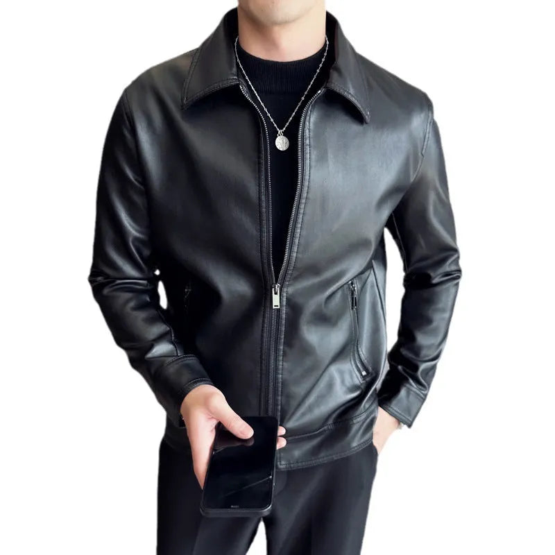 Men's black loose-fit PU leather casual jacket with zipper pockets on a plain background.