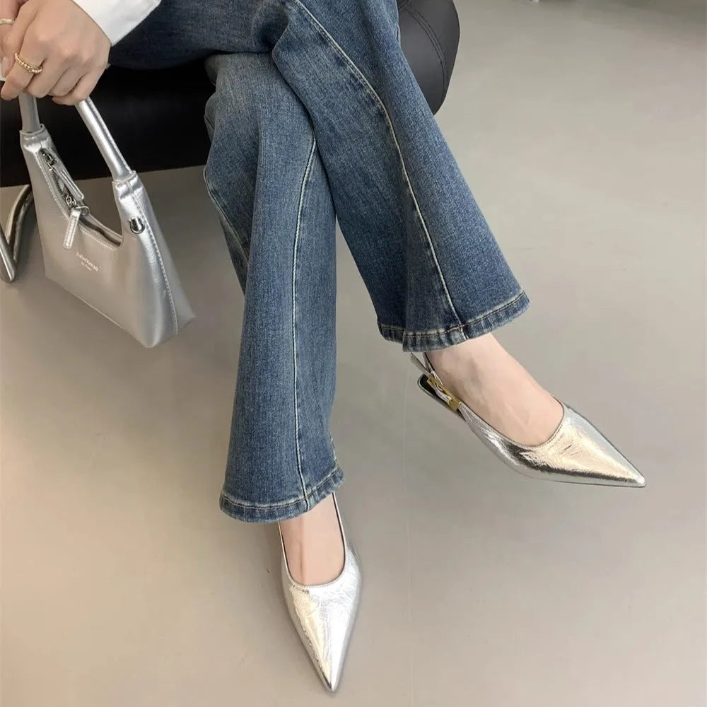 Thin low heel pointed leather shoes in black brown red silver sizes 35 to 39 with rubber sole