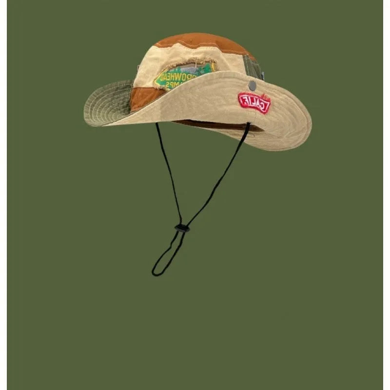 Army green cotton fisherman hat with retro patchwork design and flat top crown