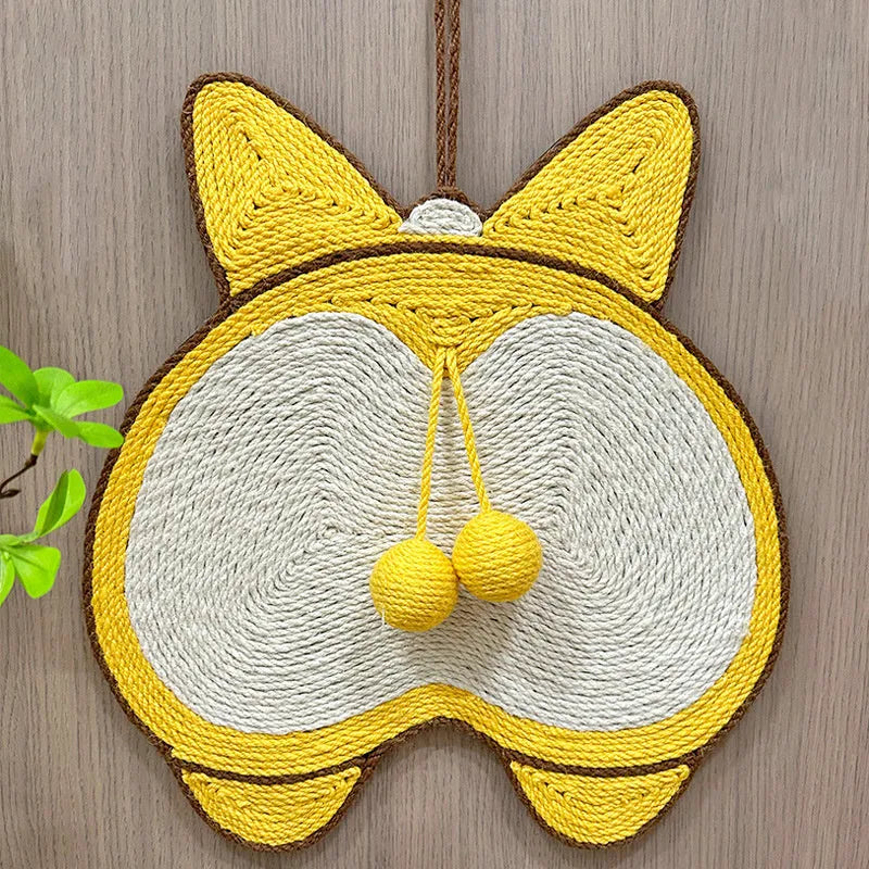Yellow sisal cat scratching board with Corgi design and anti-slip base.