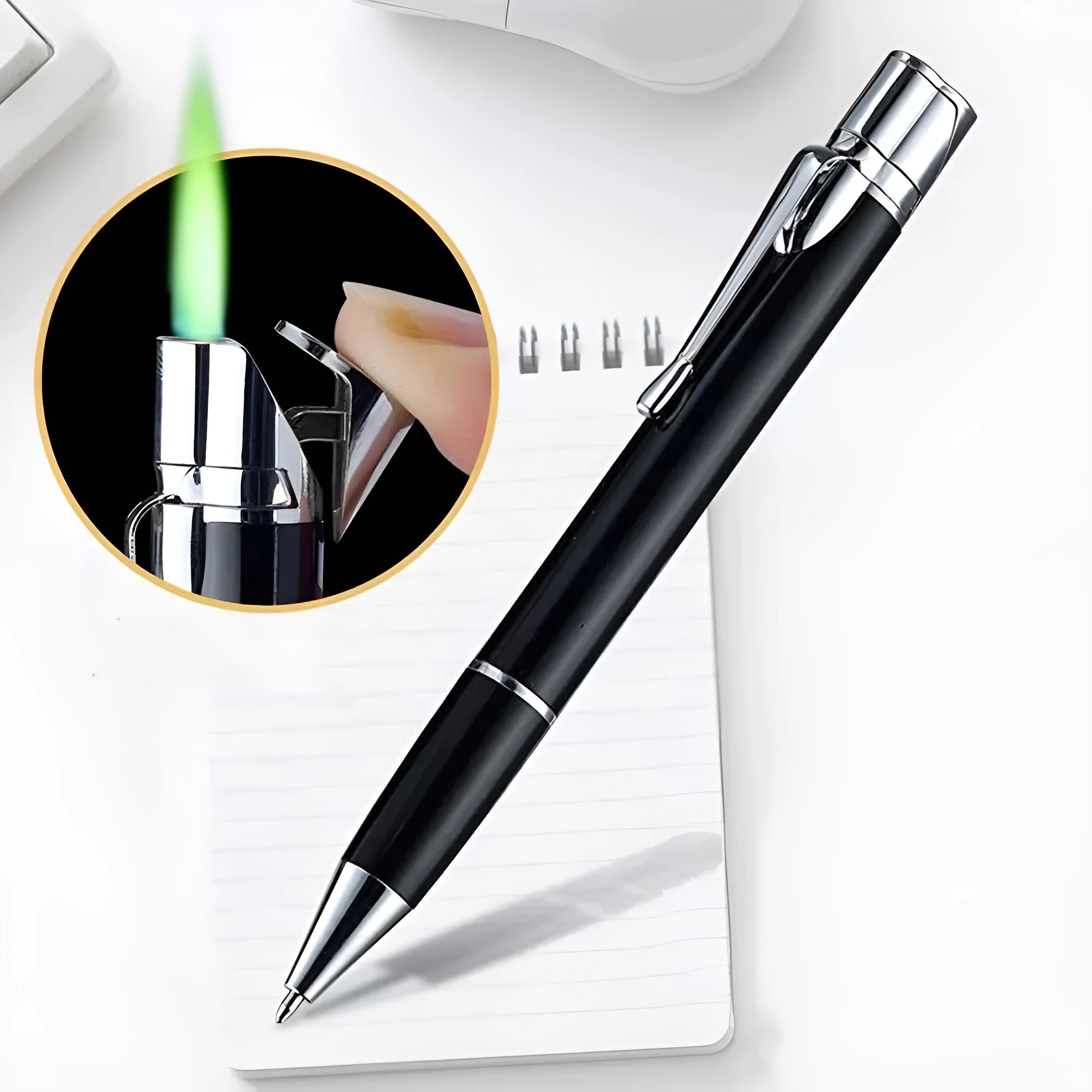Creative metal signature pen lighter in black with windproof jet flame and red buttons on a white background