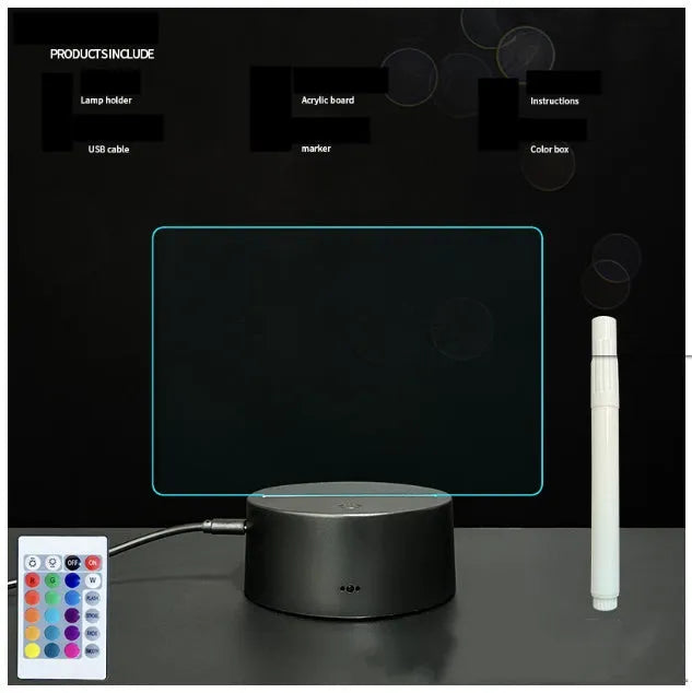 3D acrylic message board with LED lighting and remote control on wooden surface