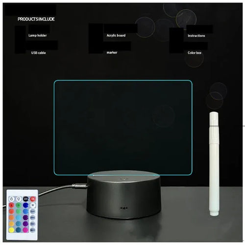 3D acrylic message board with LED lighting and remote control on wooden surface