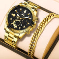 Gold men's business quartz watch with stainless steel bracelet and calendar display
