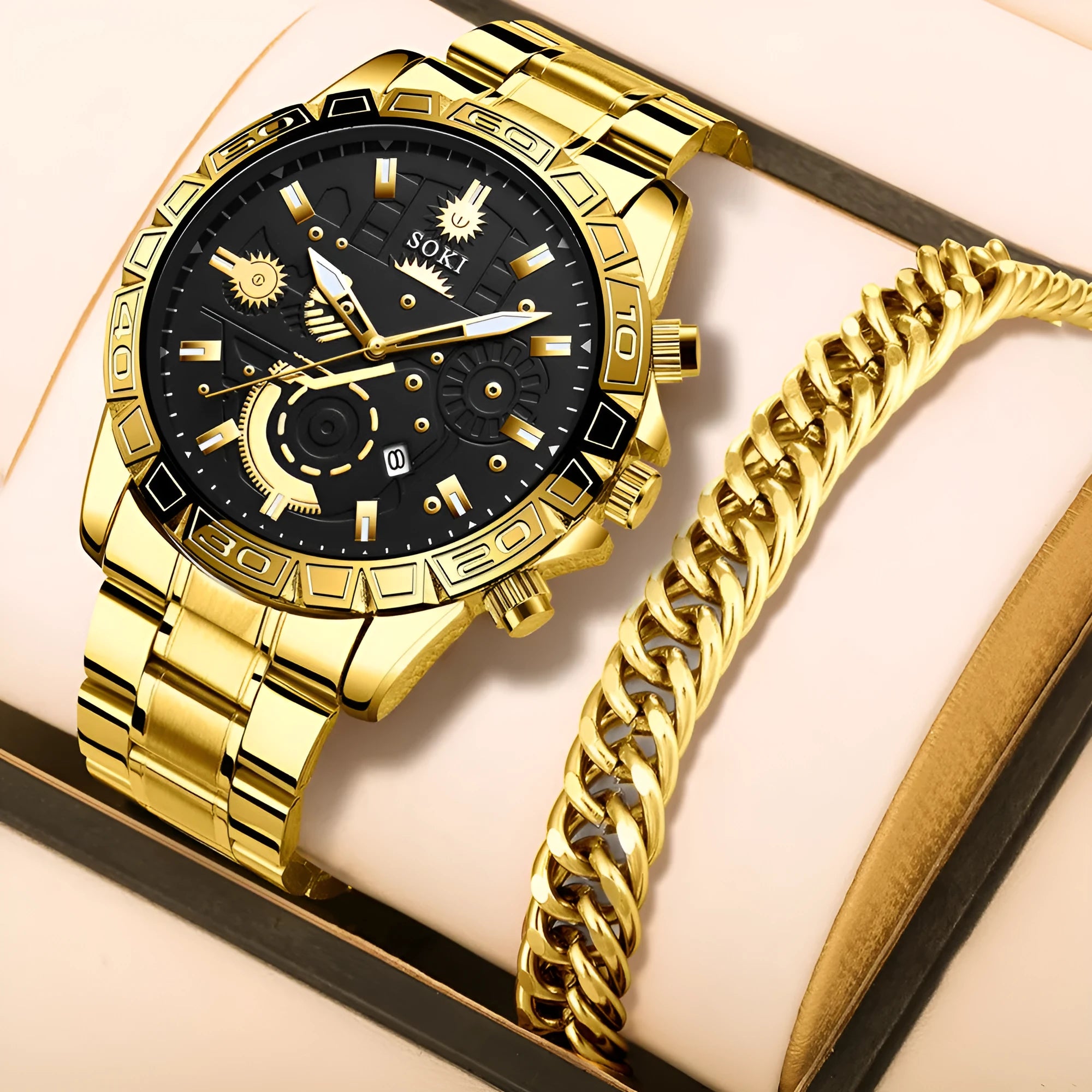 Gold men's business quartz watch with stainless steel bracelet and calendar display