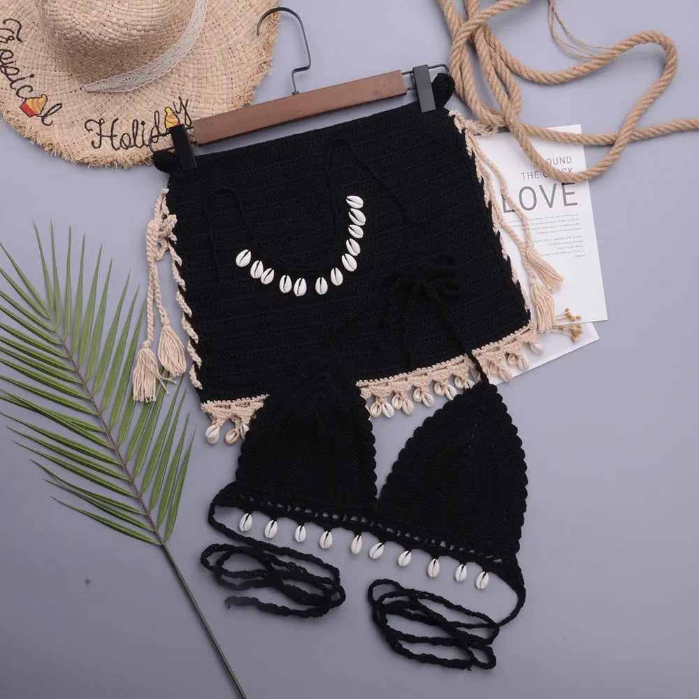 Women's handmade lace-up split swimsuit bikini set with short skirt in cotton blend fabric.