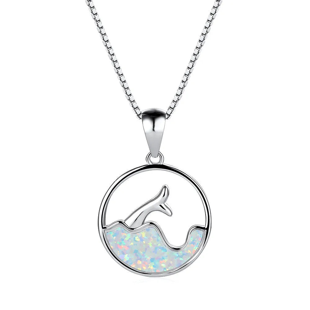 White gold electroplated copper fishtail necklace with geometric design and round opal elements