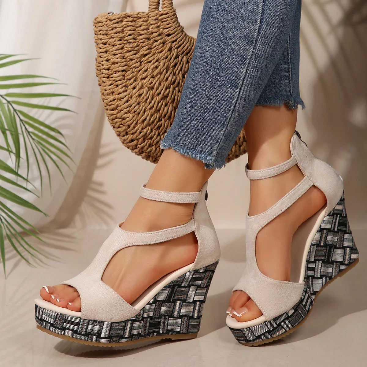 Women's thick-sole slope sandals with ankle strap buckle, fish mouth toe, available in multiple colours