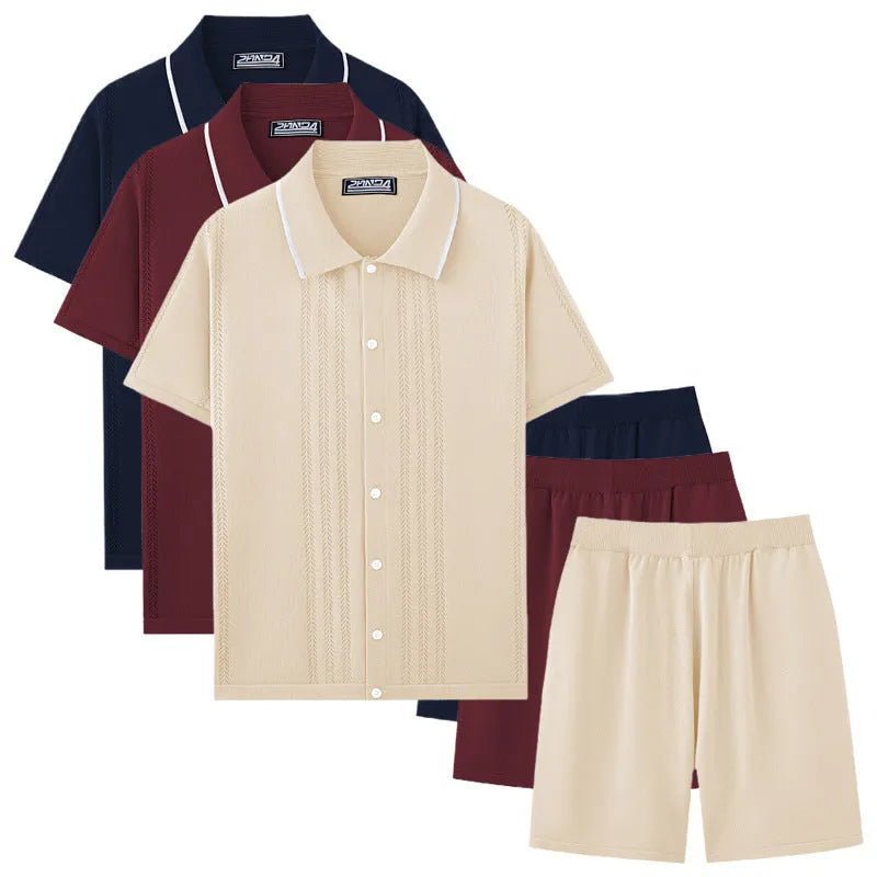 Tencel knitwear business casual two-piece set with short sleeve top and shorts in multiple colours.