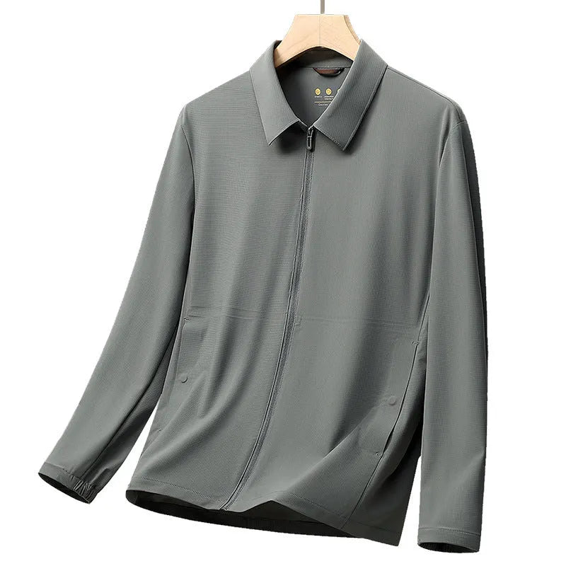 Summer ice silk sun protection coat in navy blue with lapel collar, regular fit for business administration