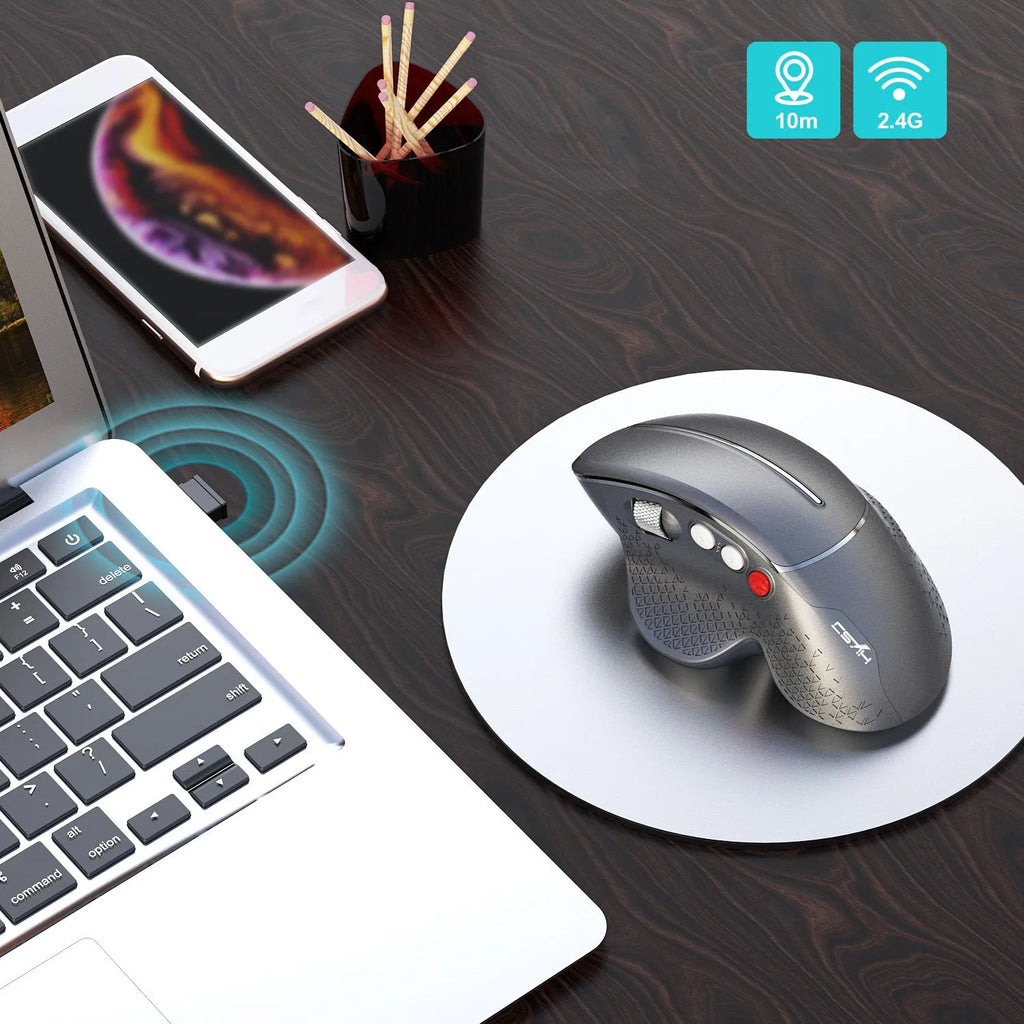 T32 black and silver wireless vertical ergonomic mouse with aluminium side roller on a desk.