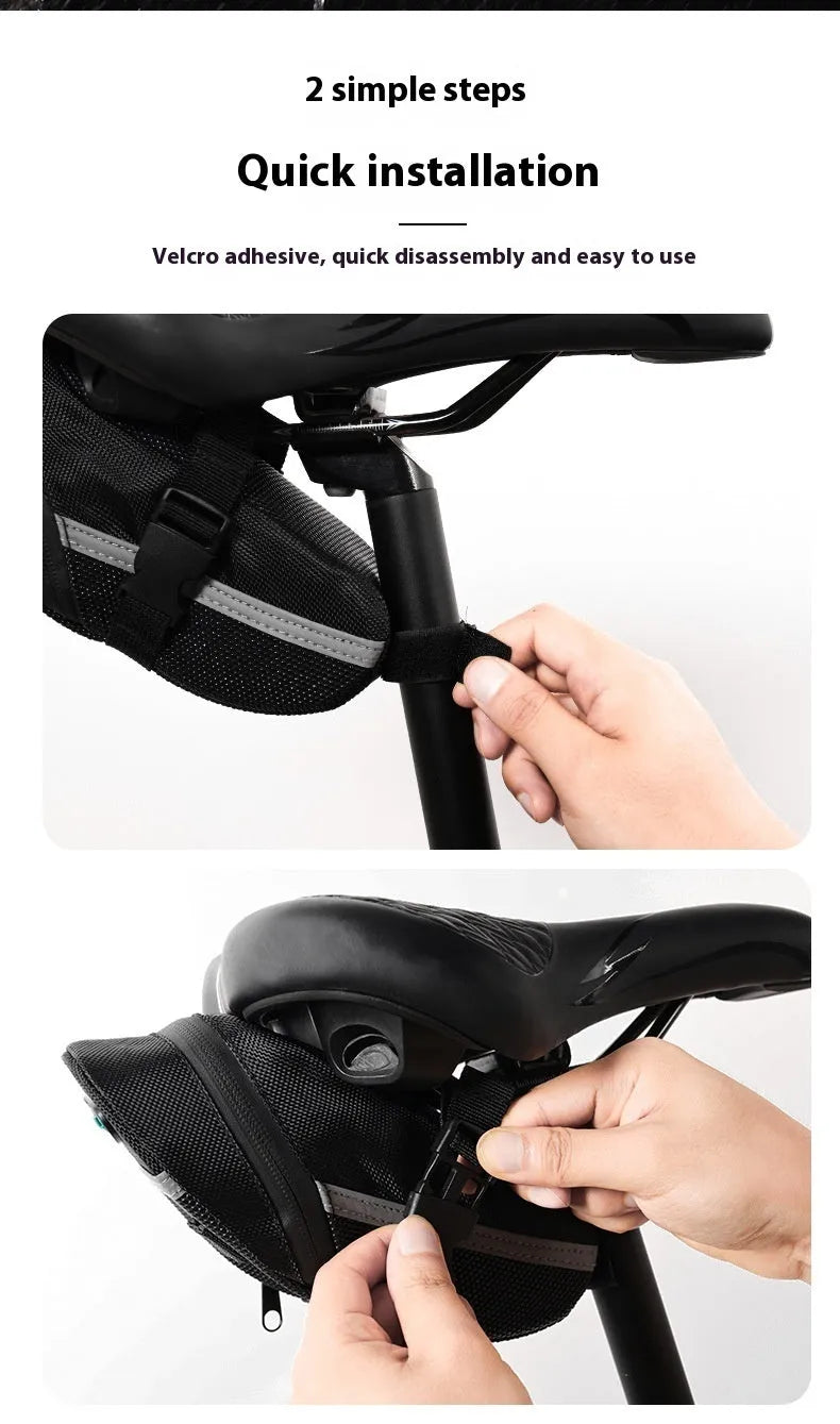 Black polyester quick-release mountain bike tail bag attached to a bicycle saddle, free size with padded interior