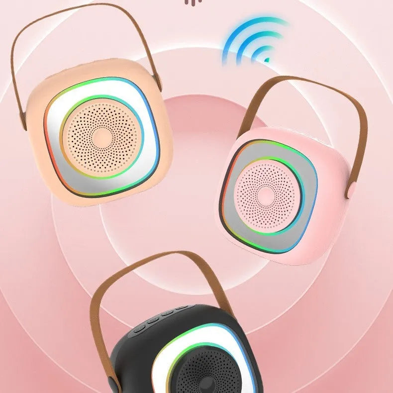Home wireless karaoke microphone Bluetooth speaker with card insertion and lighting in black double wheat design