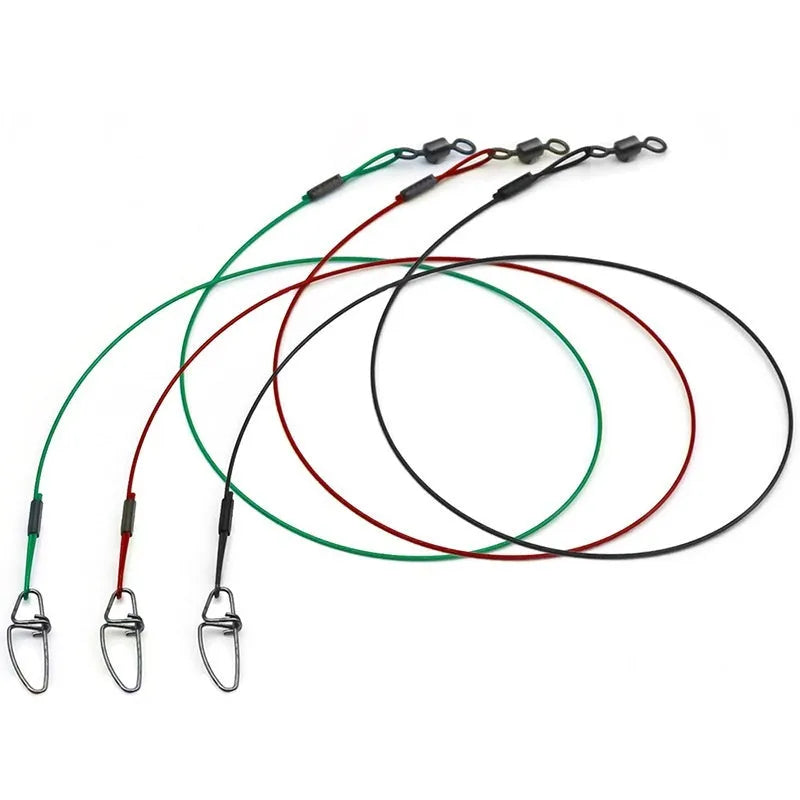 Steel wire double buckle fishing pins in green, black, and red colours showing 54cm length