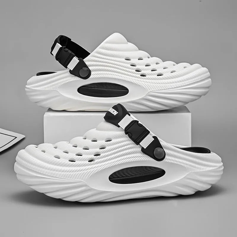 Men's solid colour hollow-out EVA platform slippers in black, white, and light green options